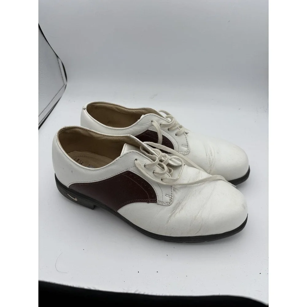 Nike Air Comfort Golf Shoes Mens Size 8 White Brown Leather Spiked‎ Sneakers